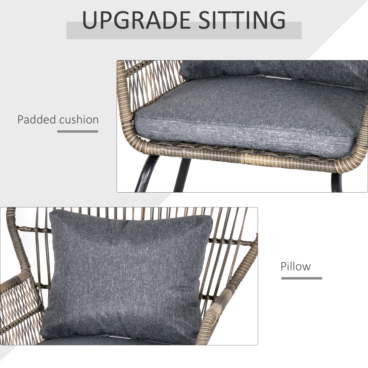 Outsunny 3-Piece Webbed PE Rattan Patio Bistro Set with Glass Table & Padded Cushions – 2 Chairs and Table, Grey