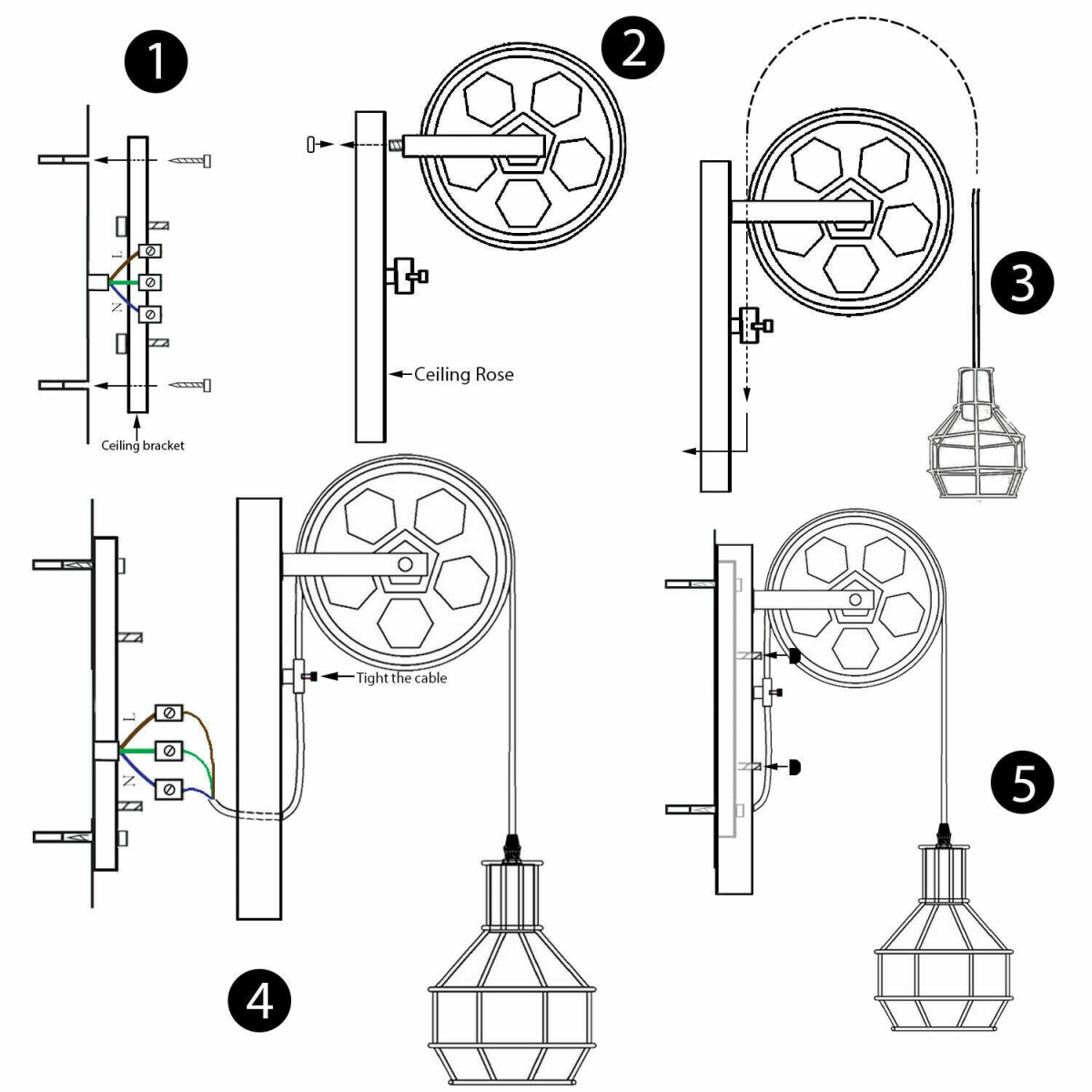 LEDSone Retro Pulley Wheel Cage Wall Light with E27 Holder & Adjustable Hanging Cable – Brushed Copper