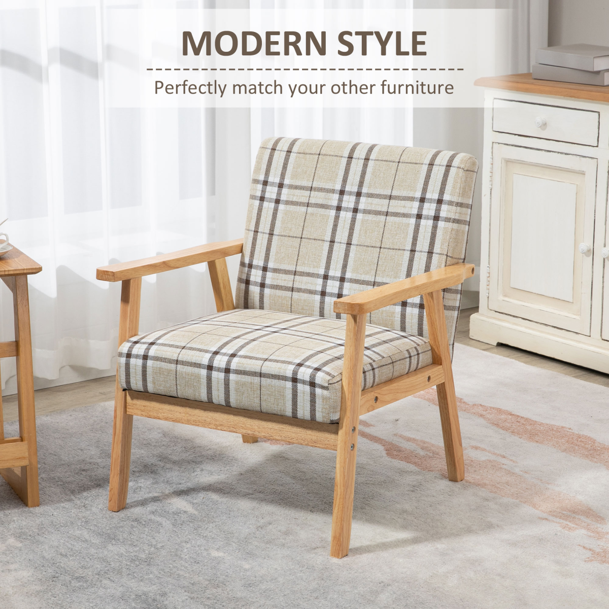HOMCOM Modern Linen-Feel Accent Chair with Checked Seat Cushion & Open Frame – Beige