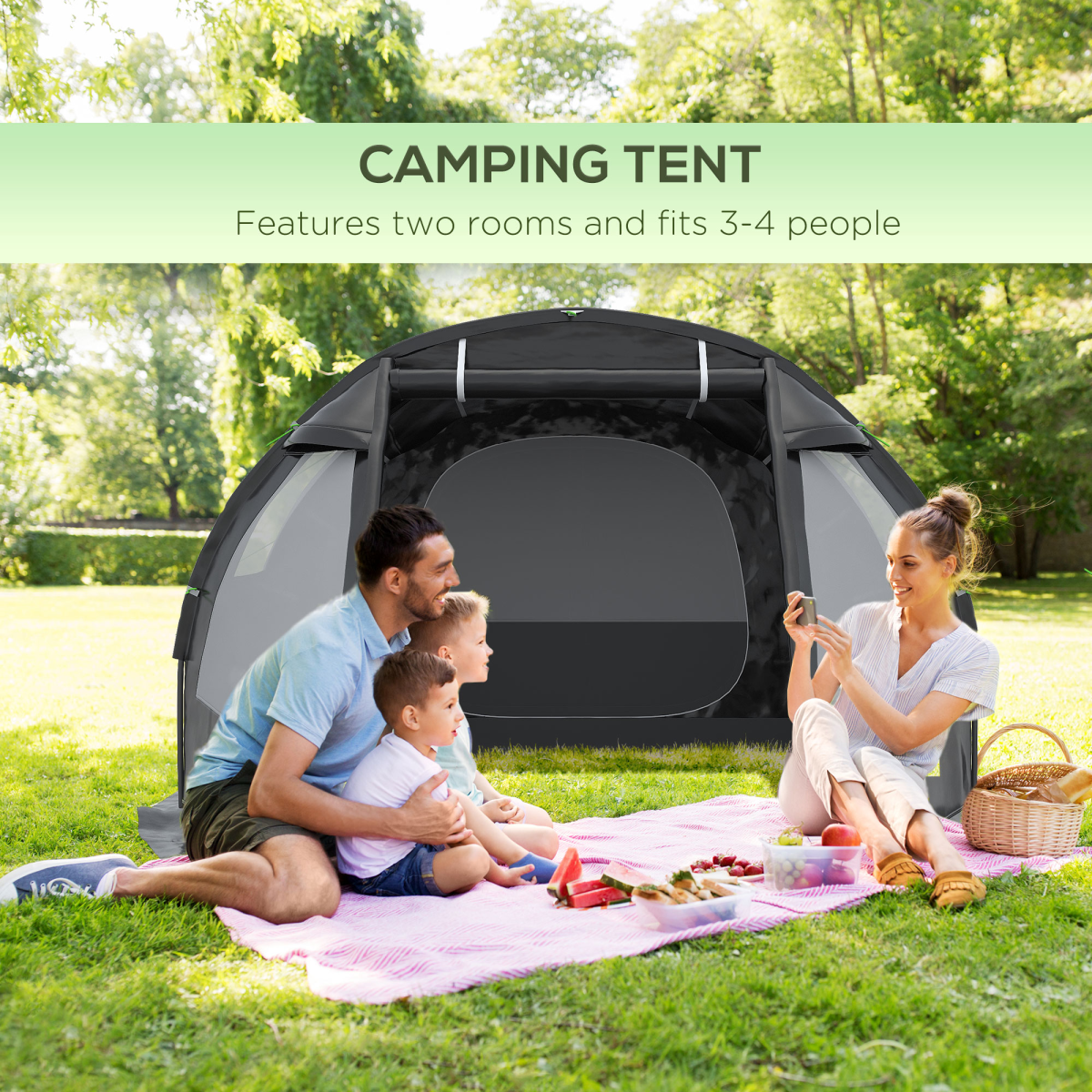 Outsunny 3-4 Person Tunnel Tent with Two Rooms, Windows & Carry Bag – Water-Resistant Family Camping Tent, Black