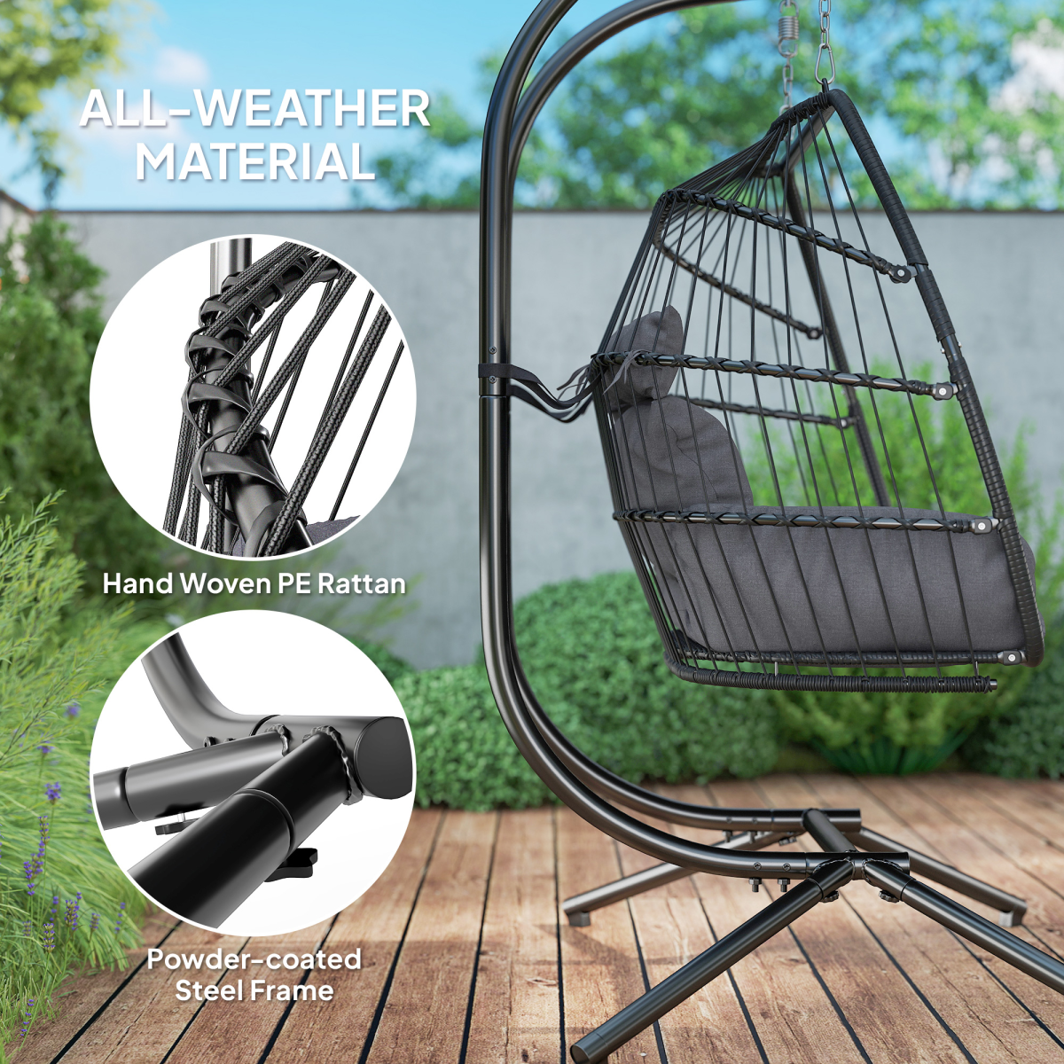 Outsunny Rattan Double Hanging Egg Chair with Stand and Cushion – Foldable Garden Swing Seat, Dark Grey