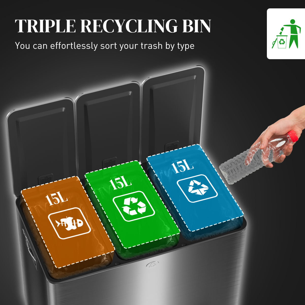 HOMCOM 3 x 15L Triple Recycling Pedal Bin with Removable Buckets – Stainless Steel Finish Kitchen Bin, Black