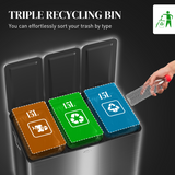 HOMCOM 3 x 15L Triple Recycling Pedal Bin with Removable Buckets – Stainless Steel Finish Kitchen Bin, Black
