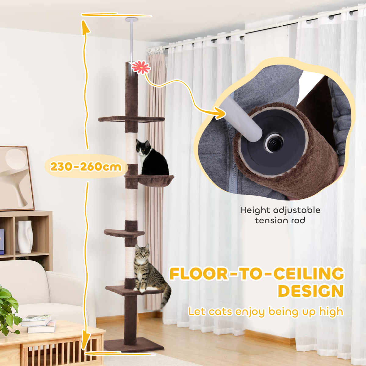 PawHut Floor to Ceiling Cat Tree with 5 Tiers & Scratching Post – Adjustable 230-260cm Kitty Tower, Brown