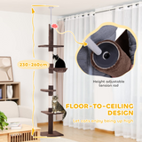 PawHut Floor to Ceiling Cat Tree with 5 Tiers & Scratching Post – Adjustable 230-260cm Kitty Tower, Brown