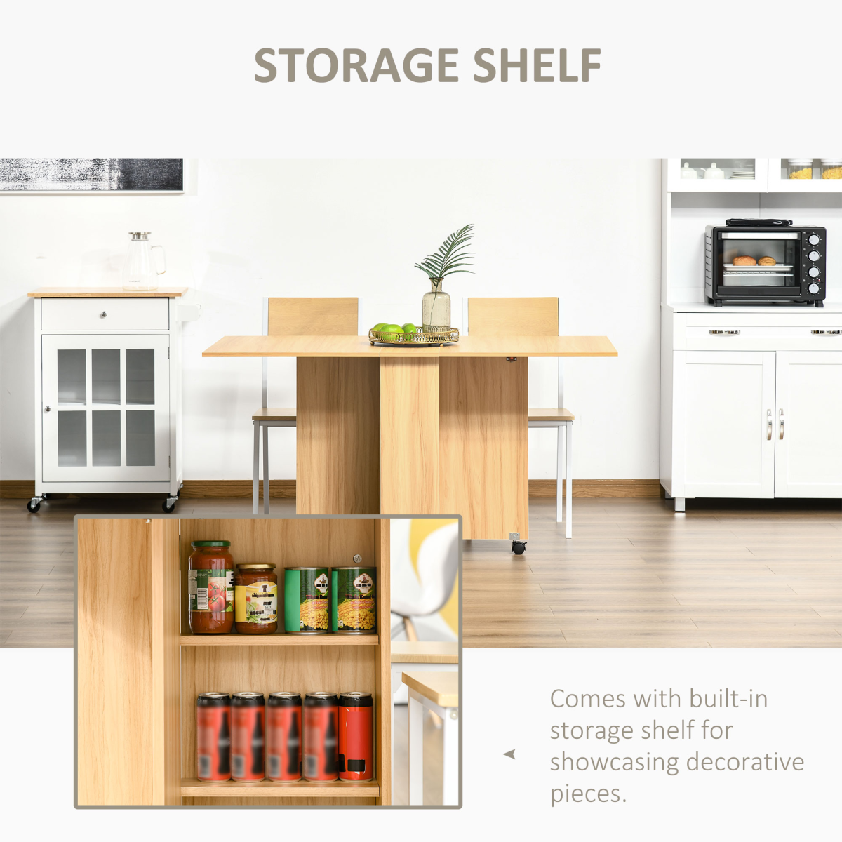 HOMCOM Folding Drop-Leaf Dining Table with 2 Storage Shelves & Lockable Wheels – Space-Saving, Teak