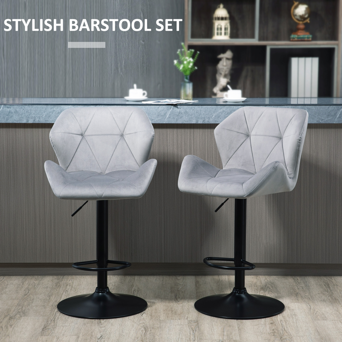 HOMCOM Set of 2 Velvet-Touch Bar Stools with Wing-Shape Seats & Metal Footrest – Kitchen Counter Seating, Grey