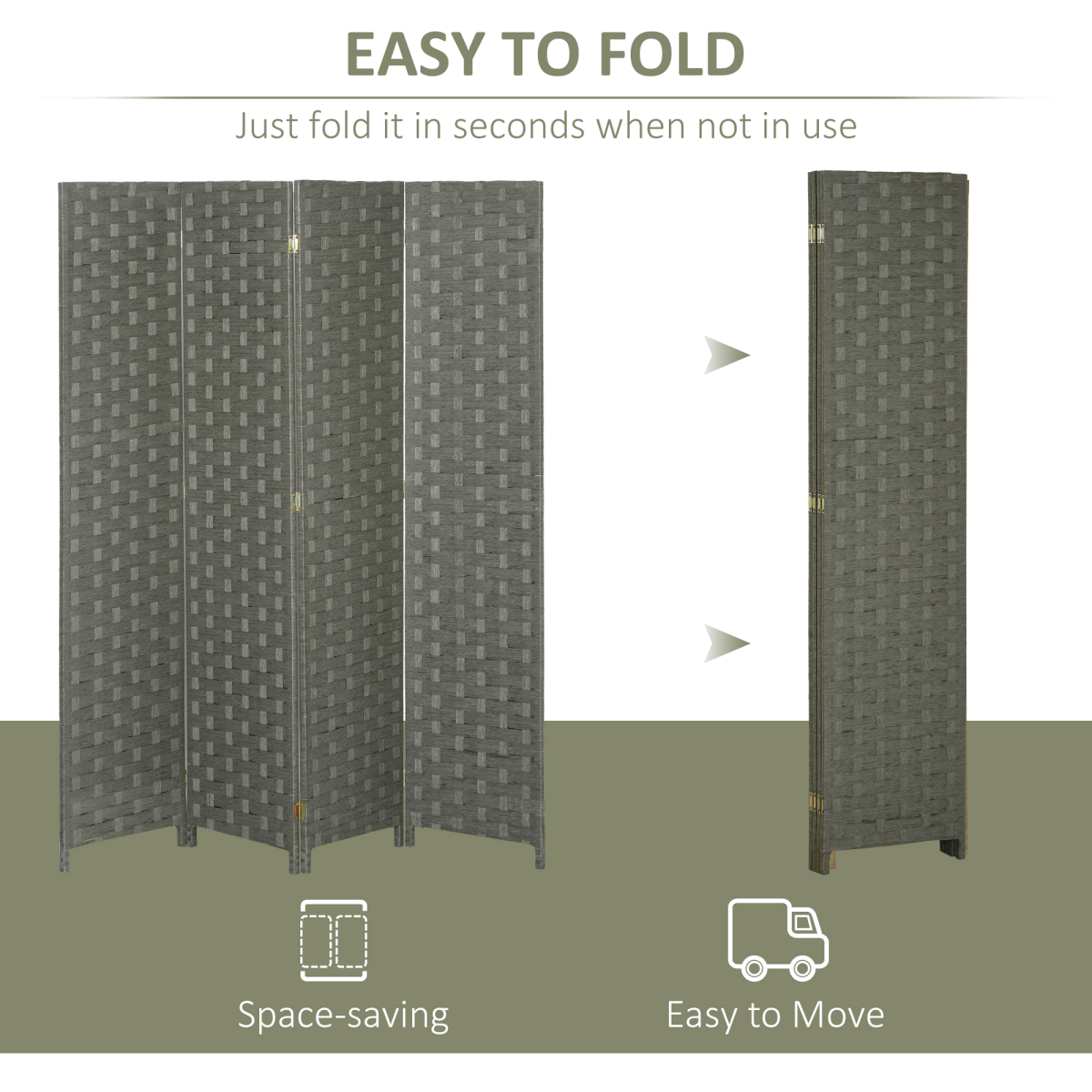 4-Panel Folding Room Divider, Wave Fibre Woven Wicker Effect Privacy Screen with Wood Frame, Grey