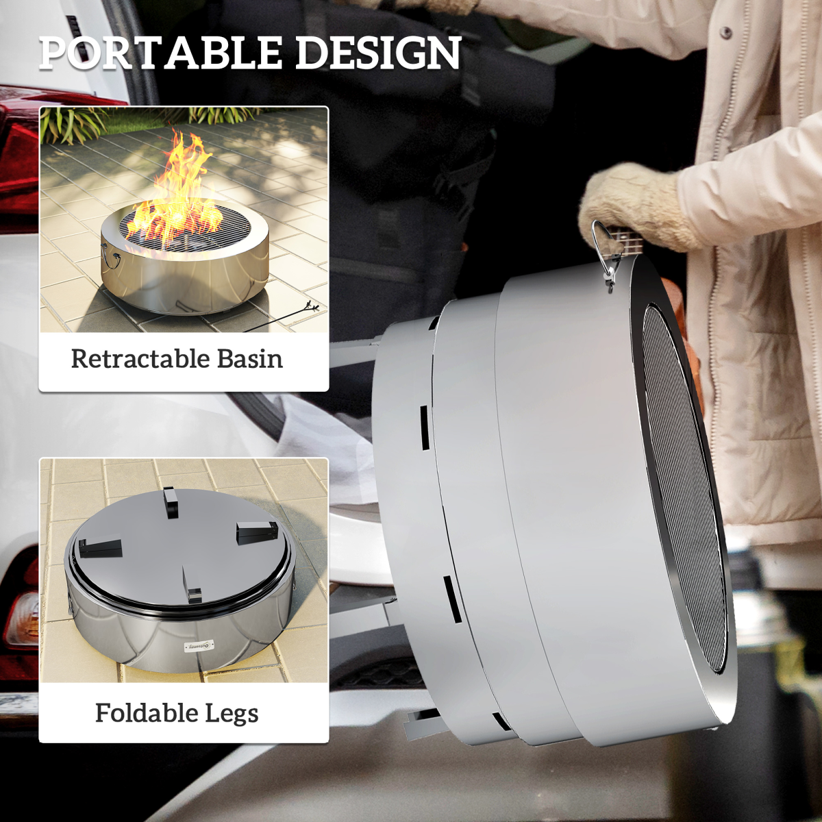 Outsunny Round Stainless Steel Fire Pit with Grill Net and Poker – Portable Garden Firepit, Silver