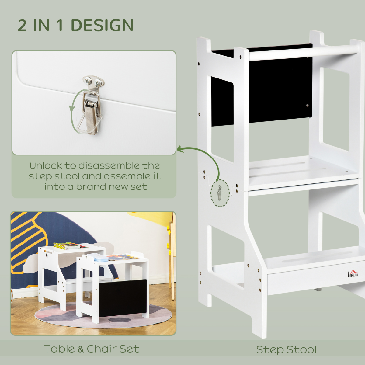 2-in-1 Kids Kitchen Step Stool & Table – Learning Tower with Safety Rail & Chalkboard