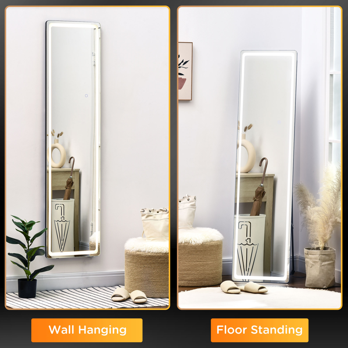 Full Length LED Floor Mirror 160 x 40cm with Remote, Dimmable 3 Colour Light – Freestanding or Wall Mounted