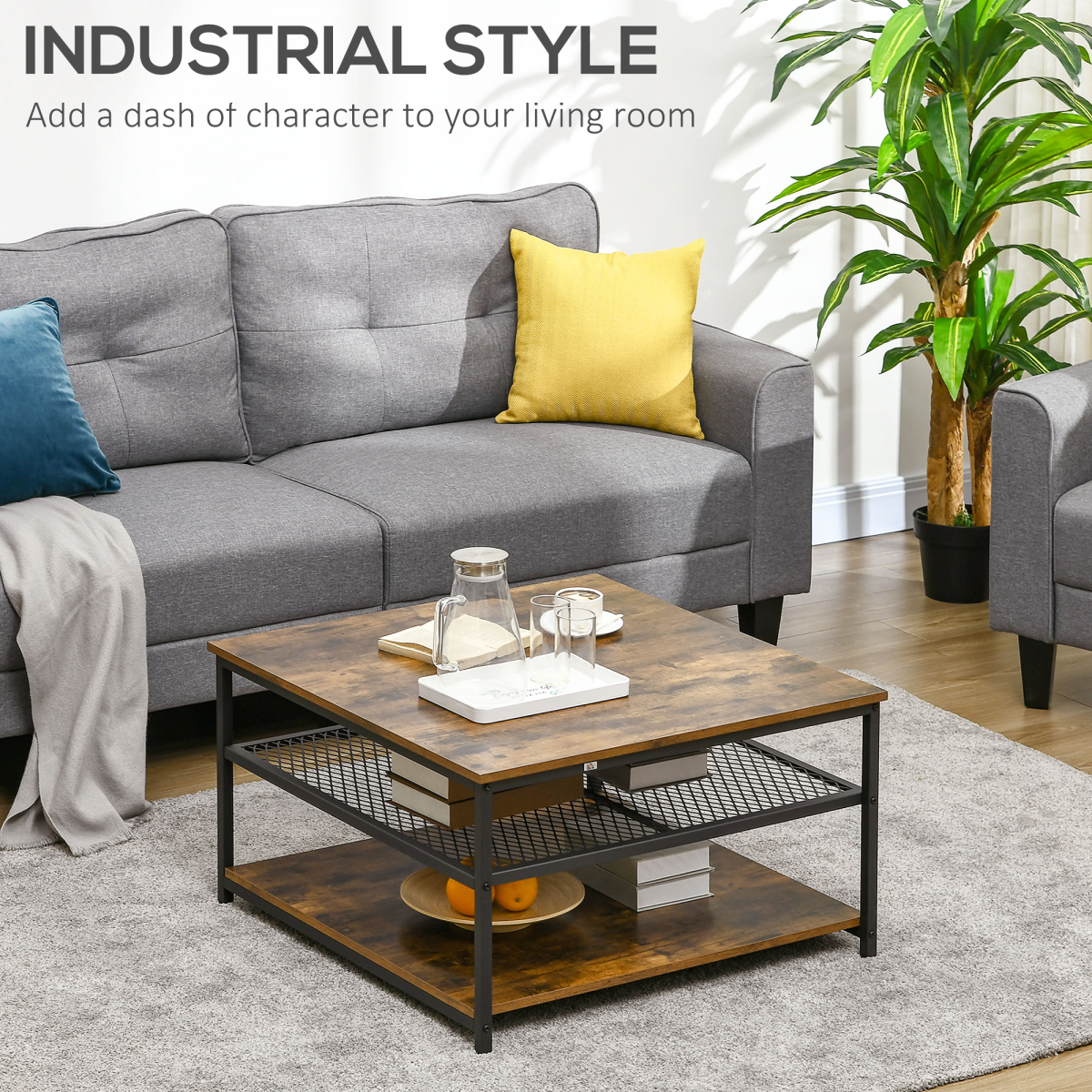 HOMCOM Industrial Coffee Table with 2 Storage Shelves – 3-Tier Living Room Cocktail Table, Rustic Brown