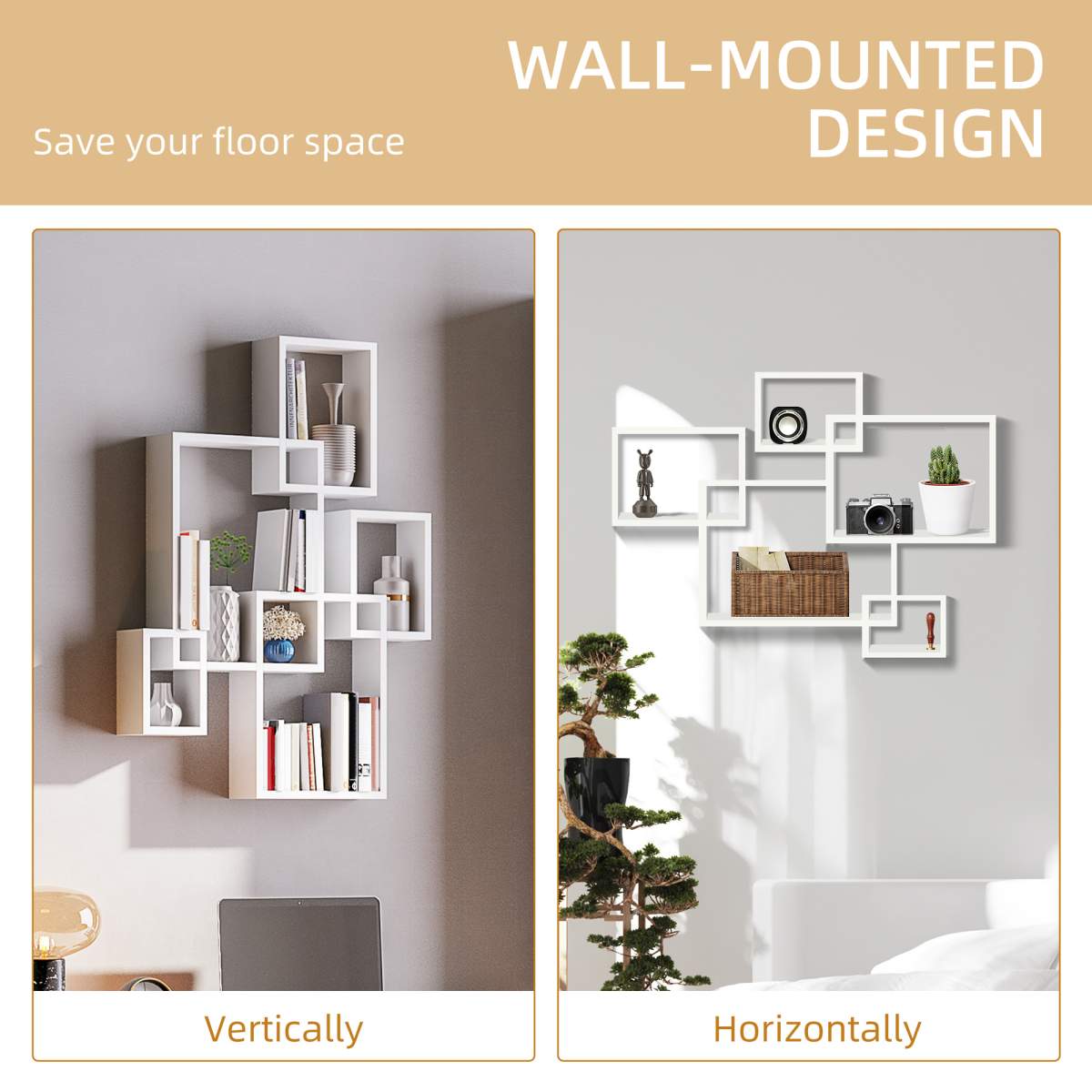 HOMCOM Interlocking Cube Floating Shelves, Set of 5 – Wall-Mounted Display Shelves, White