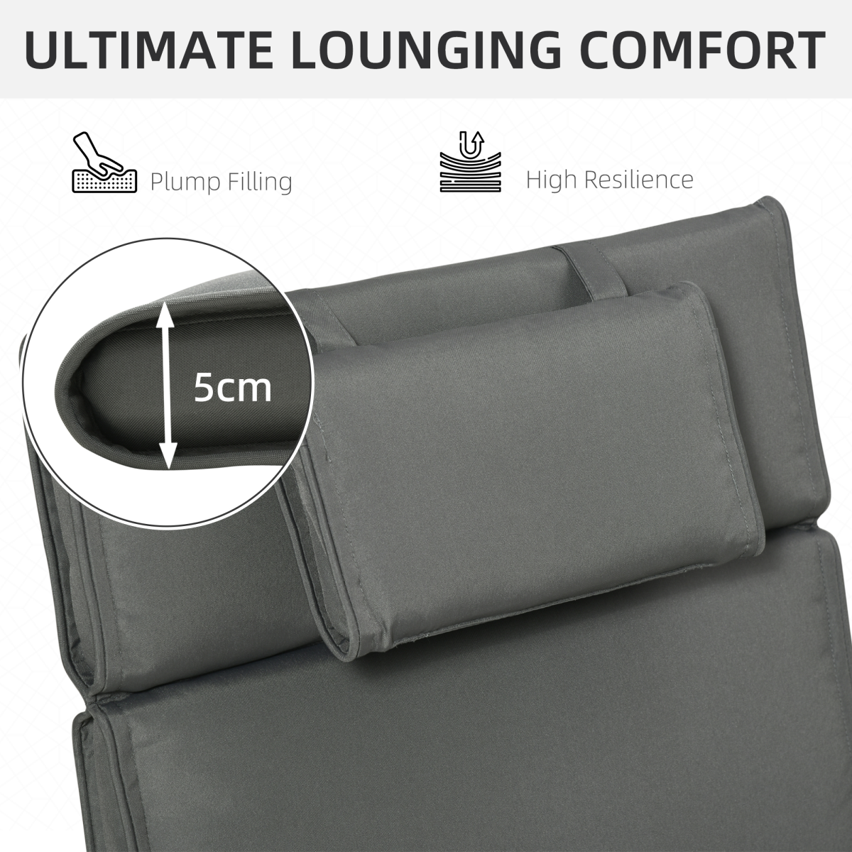 Outsunny Sun Lounger Cushion with Head Pillow & Side Ties – Indoor Outdoor Reclining Chair Pad, Grey