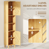 HOMCOM Tall Slim Bathroom Cabinet with Bamboo Doors, Open Compartments & Adjustable Shelves – Storage, Natural