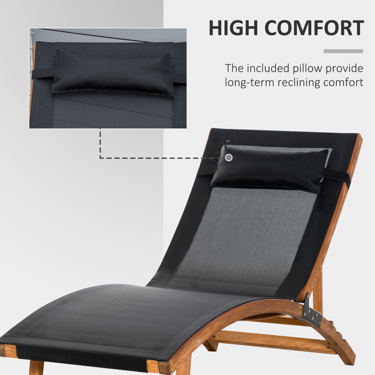 Outsunny Adjustable Ergonomic Garden Sun Lounger with Pillow & Texteline Seat – Outdoor Chaise, Black