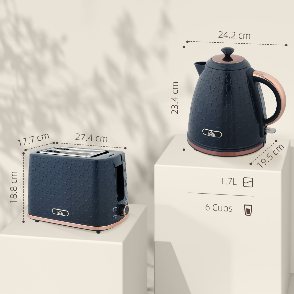 Honeycomb 1.7L Fast Boil Kettle & 2-Slice Toaster Set – Matching Breakfast Set with 7 Browning Settings