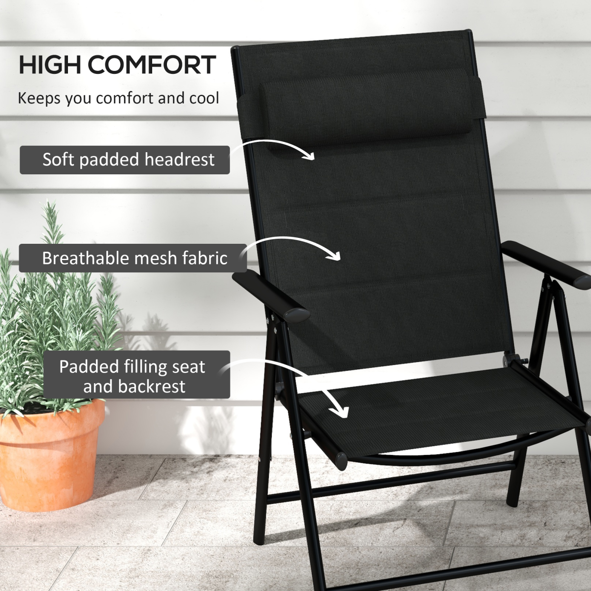 Outsunny Set of 2 Folding Outdoor Dining Chairs with Padded Headrest – Mesh, Aluminium Frame, Black