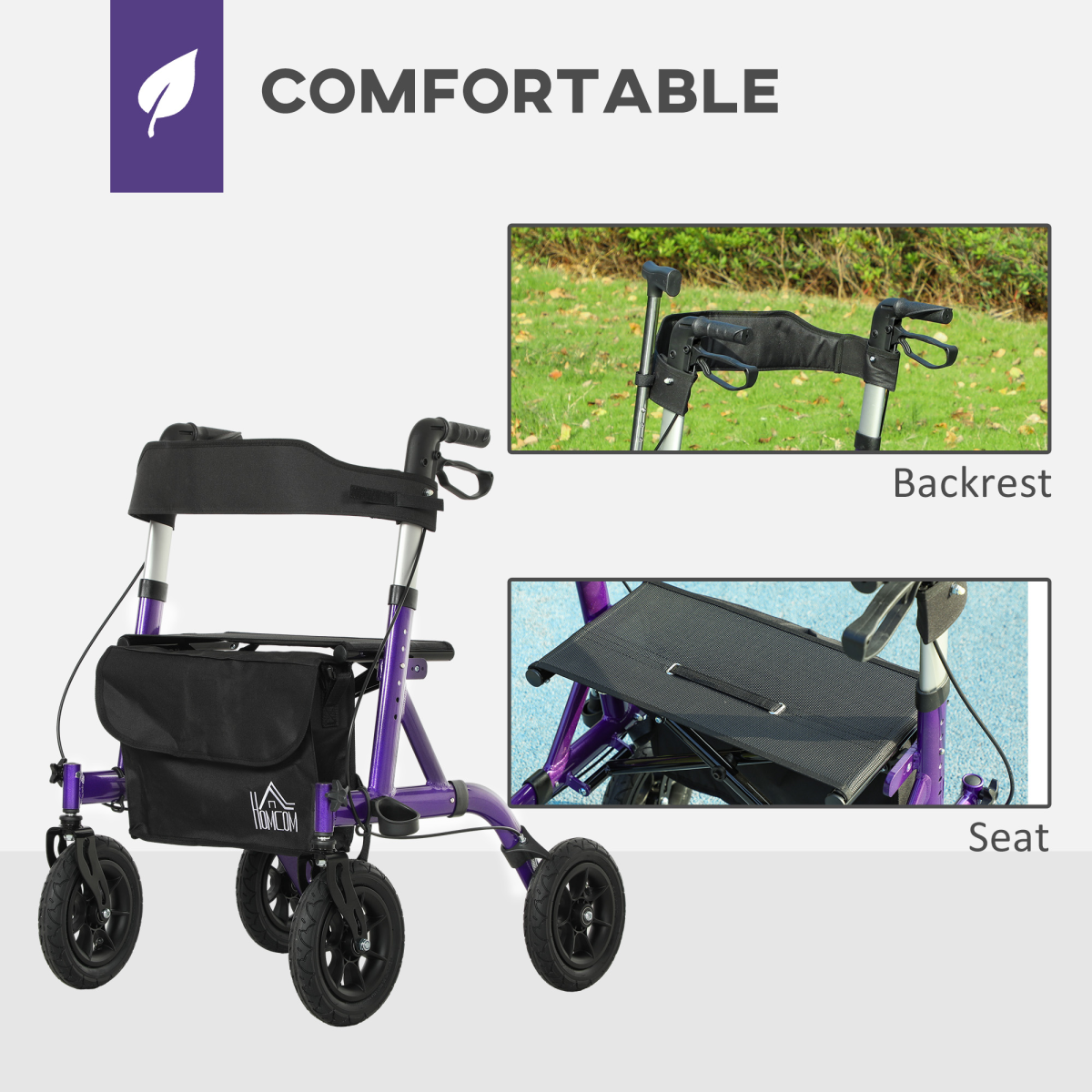 HOMCOM All-Terrain Rollator Walker with Seat, Backrest & Storage Bag – Folding Aluminium Mobility Aid, Purple