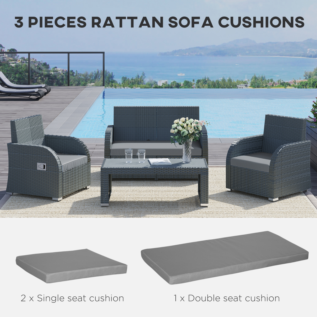 Outsunny 3-Piece Garden Furniture Cushion Pad Set, Dark Grey – 2 Single & 1 Double Seat