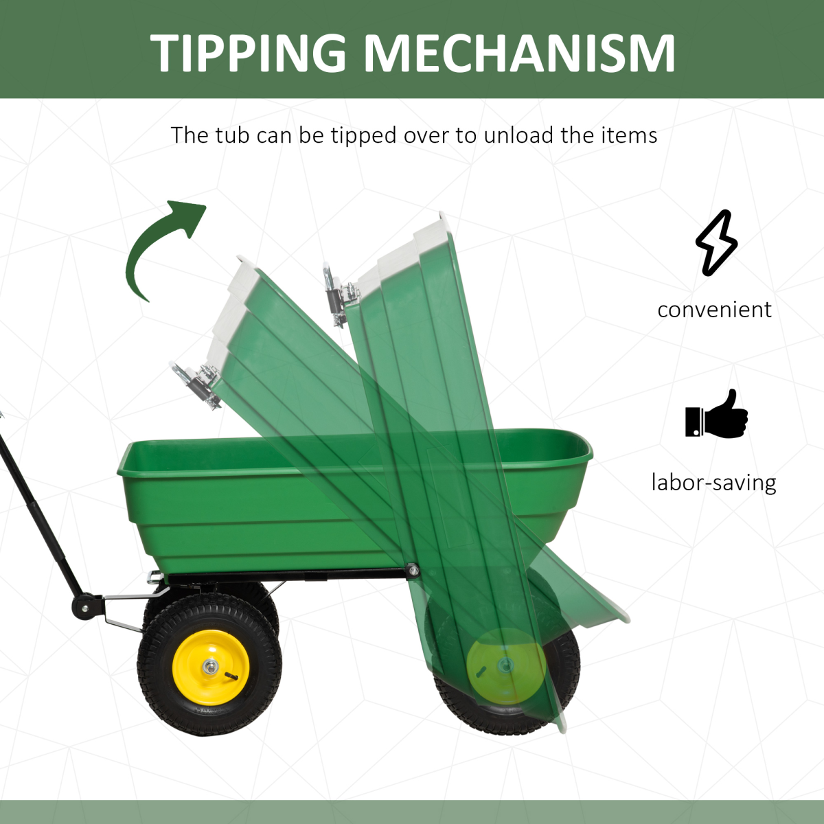 Outsunny 125L Heavy Duty 4-Wheel Garden Cart with Tipping Mechanism – Steel Trolley Wheelbarrow, Green