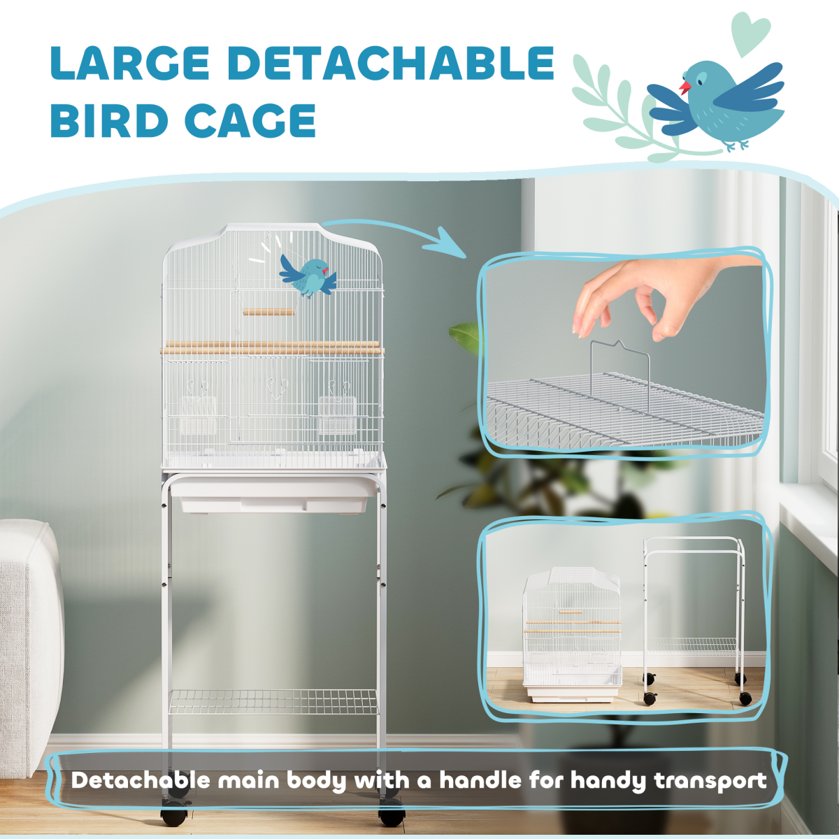 Bird Cage Starter Kit with Detachable Rolling Stand, Perches, Swing & Storage Basket – White