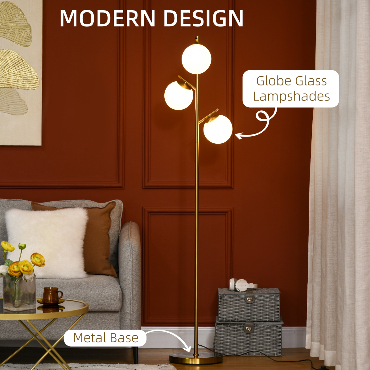 Modern 3-Light Tree Floor Lamp with Opaque Globe Shades & Foot Switch – Gold Metal Standing Lamp, 169cm