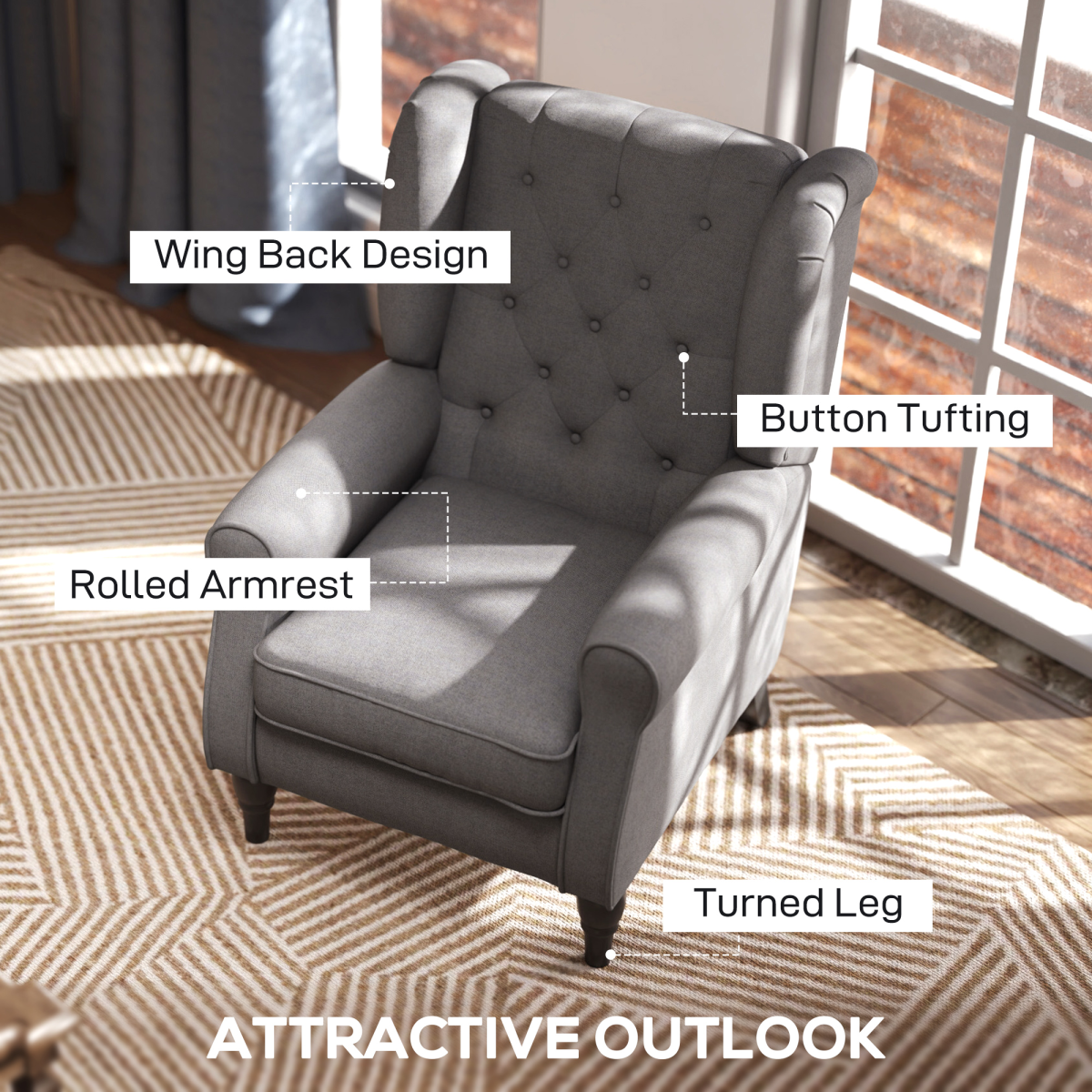 HOMCOM Retro Tufted Club Armchair with Padded Seat & Solid Wood Legs – Vintage Accent Chair, Dark Grey