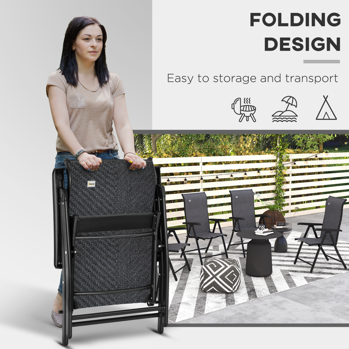 Outsunny Set of 2 Folding Rattan Garden Chairs with 7-Position Adjustable Backrest – Patio Seating, Grey