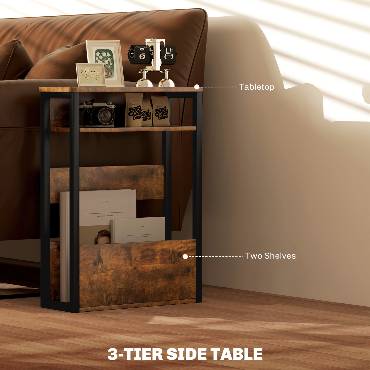 HOMCOM Narrow Industrial Side Table with Storage Shelves – Bedside or End Table, Rustic Brown