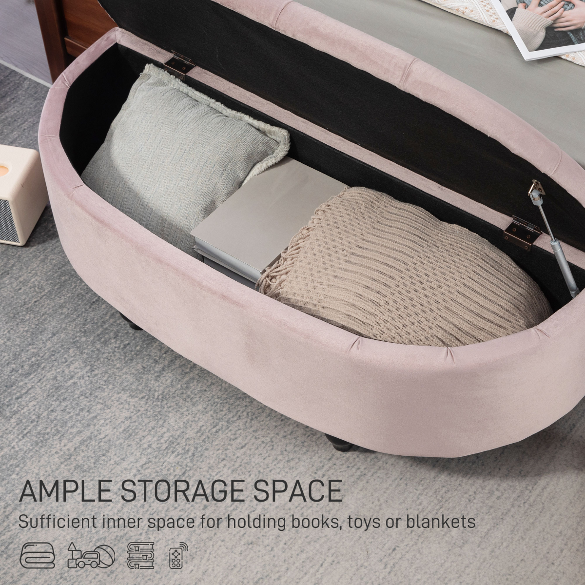 HOMCOM Semi-Circle Tufted Storage Ottoman Bench with Padded Lid – Hidden Storage Seat