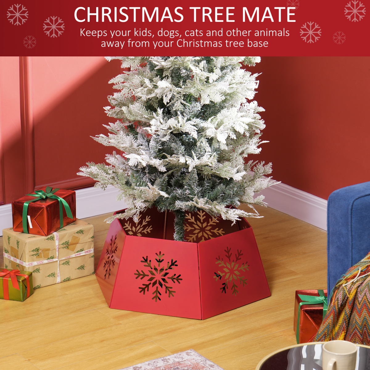 HOMCOM Hexagon Christmas Tree Base Cover with Hollow Snowflake Patterns – Festive Tree Stand Skirt, Red