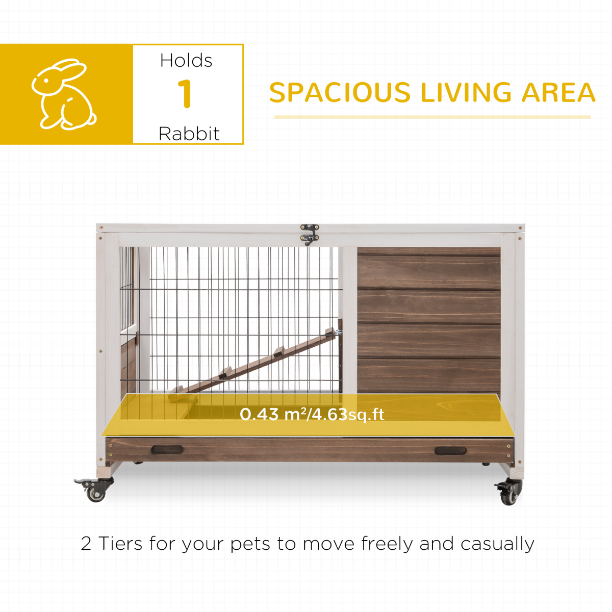PawHut Wooden Indoor Rabbit Hutch with 2 Floors, Wheels and Openable Roof – Fir Wood Guinea Pig Cage