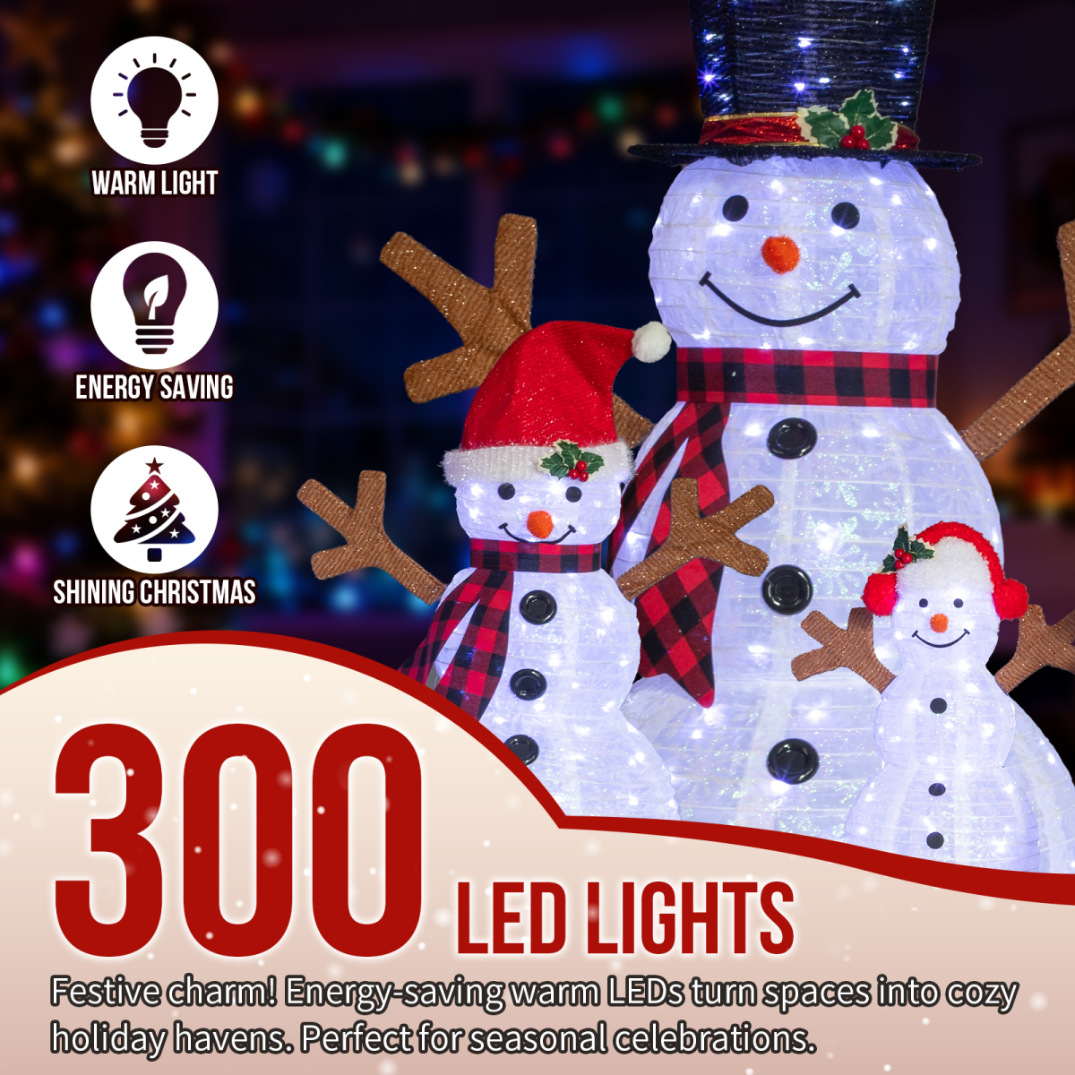 Set of 3 Lighted Snowman Family Christmas Decorations with 270 White Lights – Indoor & Outdoor Display