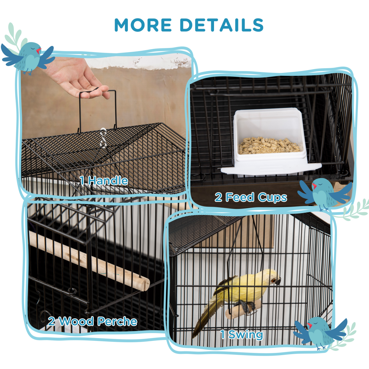PawHut Metal Bird Cage with Plastic Perch, Food Container and Carry Handle, 50.5 x 40 x 63cm – Black