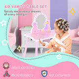 HOMCOM Kids Dressing Table and Chair Set with Mirror – Pink Make-Up Play Desk with Butterfly Patterns