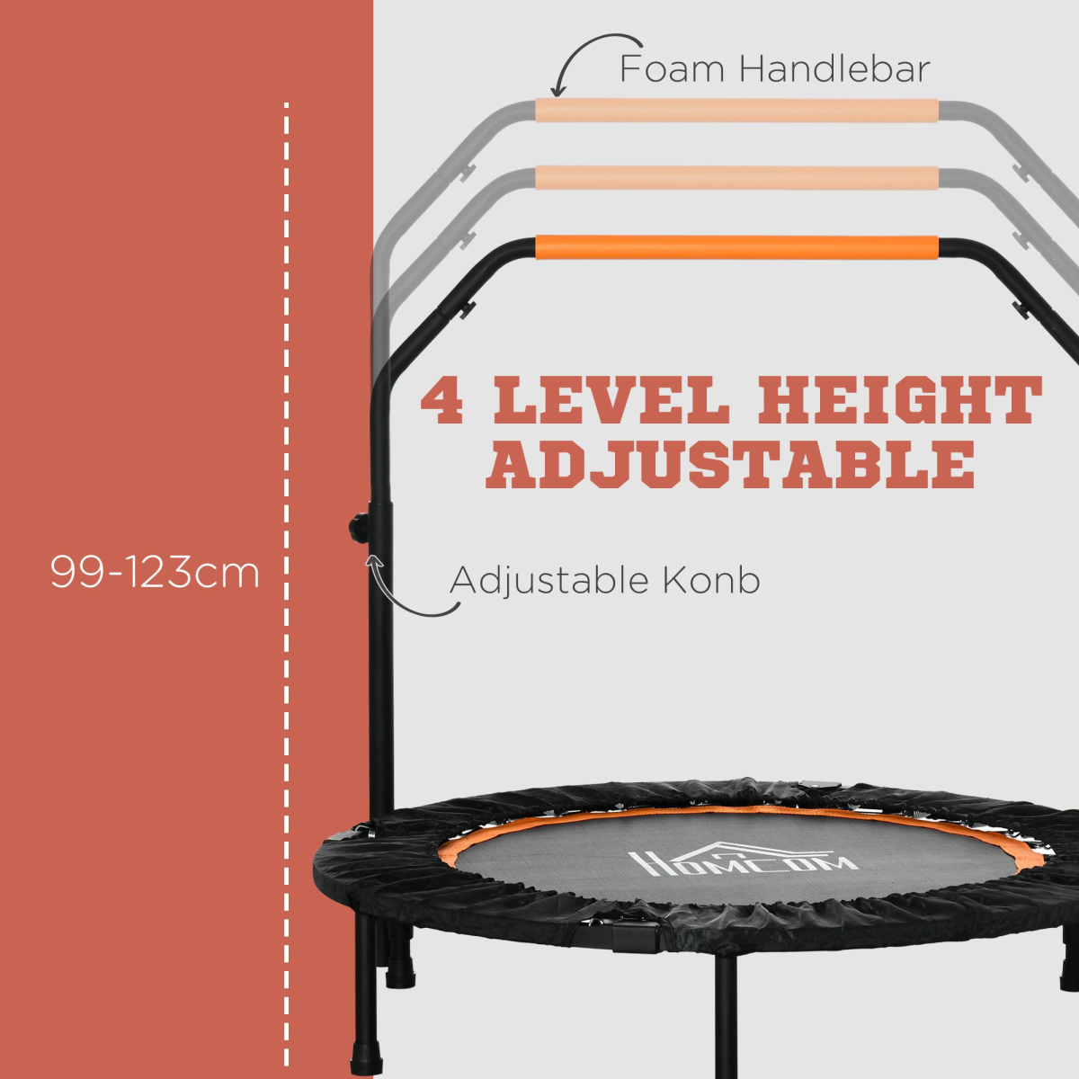 HOMCOM 40" Foldable Mini Fitness Trampoline with Adjustable Foam Handle – Indoor & Outdoor Rebounder