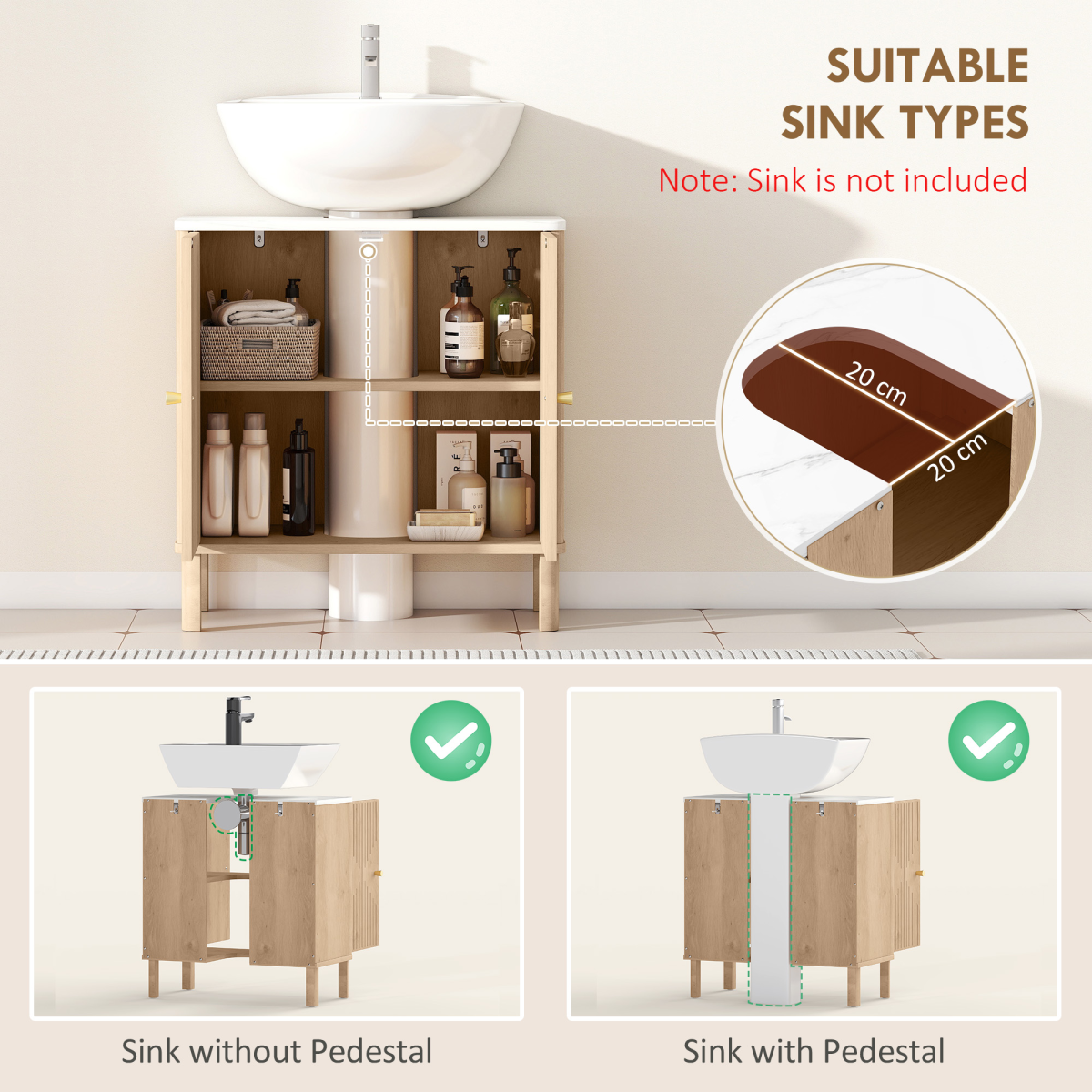 HOMCOM Under Sink Bathroom Cabinet with U-Shaped Cut-Out, Fluted Doors and Gold-Tone Handles – Oak