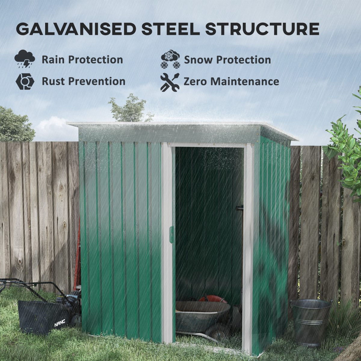 Outsunny 5 x 3ft Galvanised Steel Garden Shed with Sliding Door and Sloped Roof – Tool Storage, Green