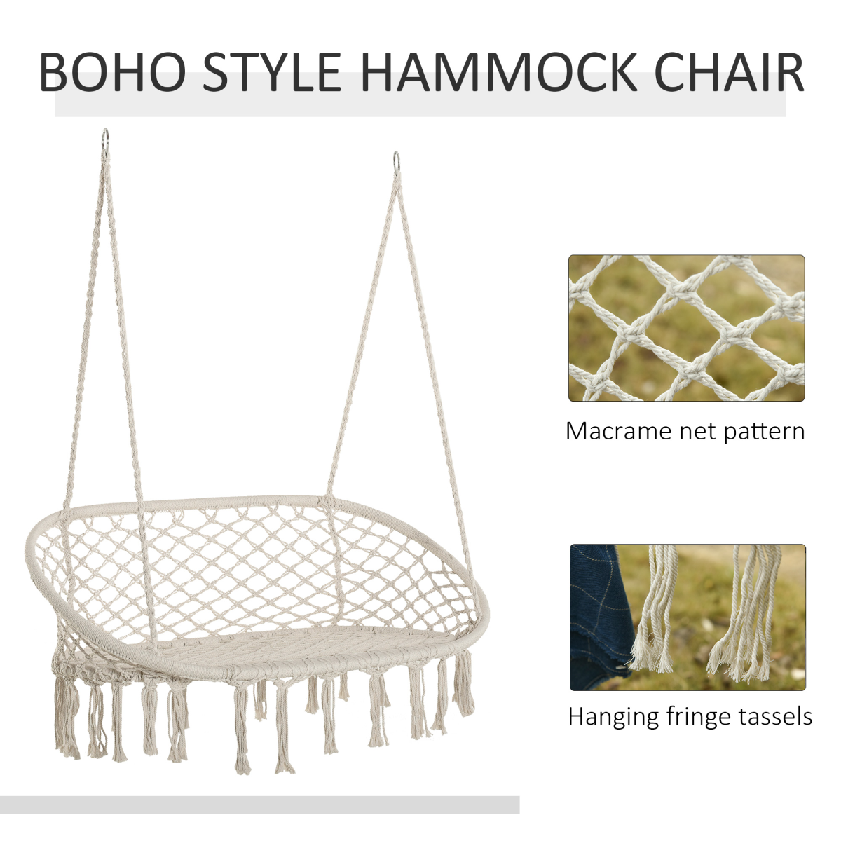 Outsunny Large Macramé Hanging Hammock Chair with Metal Frame – Two-Seater Indoor & Garden Swing, Cream White