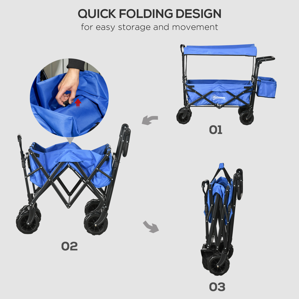 Outsunny Folding Trolley Cart with 4 Wheels, 2 Compartments, Canopy & Telescopic Handle – Garden Storage Wagon, Blue