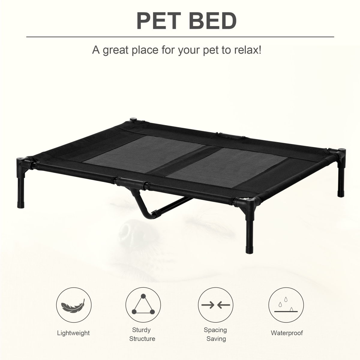PawHut Large Elevated Pet Cot – Portable Raised Dog Bed for Camping & Outdoors, Black, 92 x 76 cm