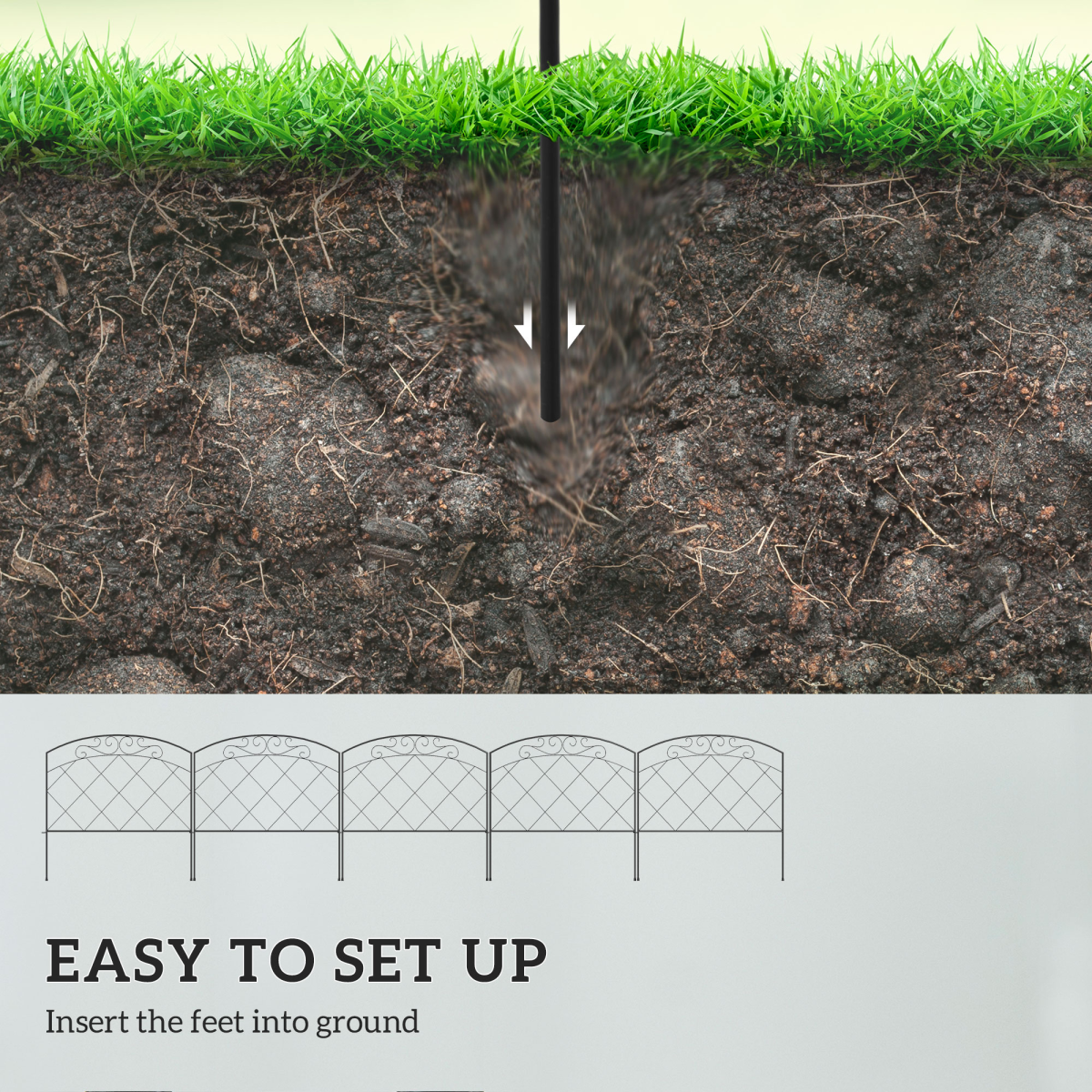 Outsunny Outdoor Picket Fence Panels, 61cm x 3m, with Arched Top & Swirl Design – Garden Border Edging, Black