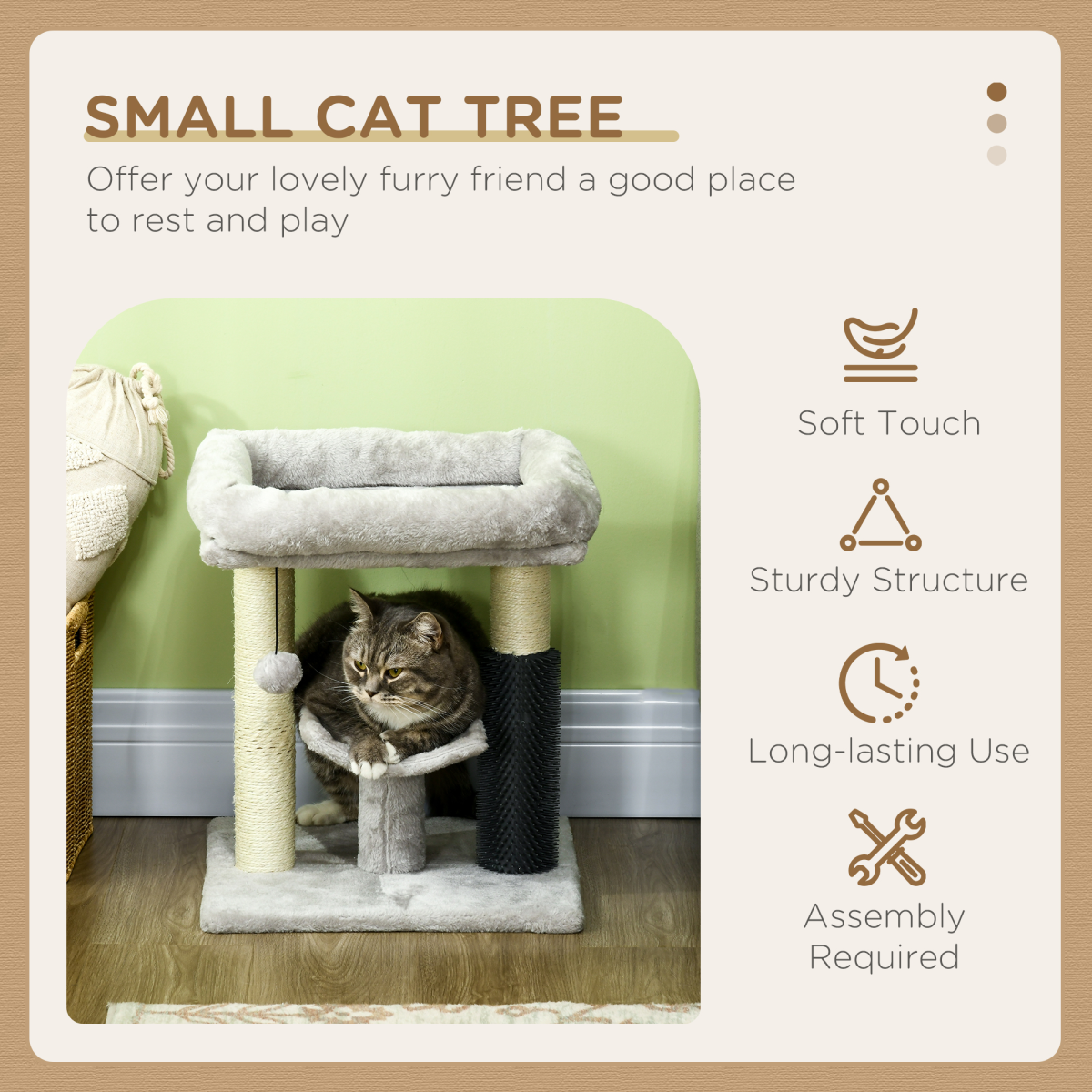 PawHut Small Cat Tree Tower with Sisal Scratching Posts, Bed, Perch, Self-Groomer and Toy – Grey