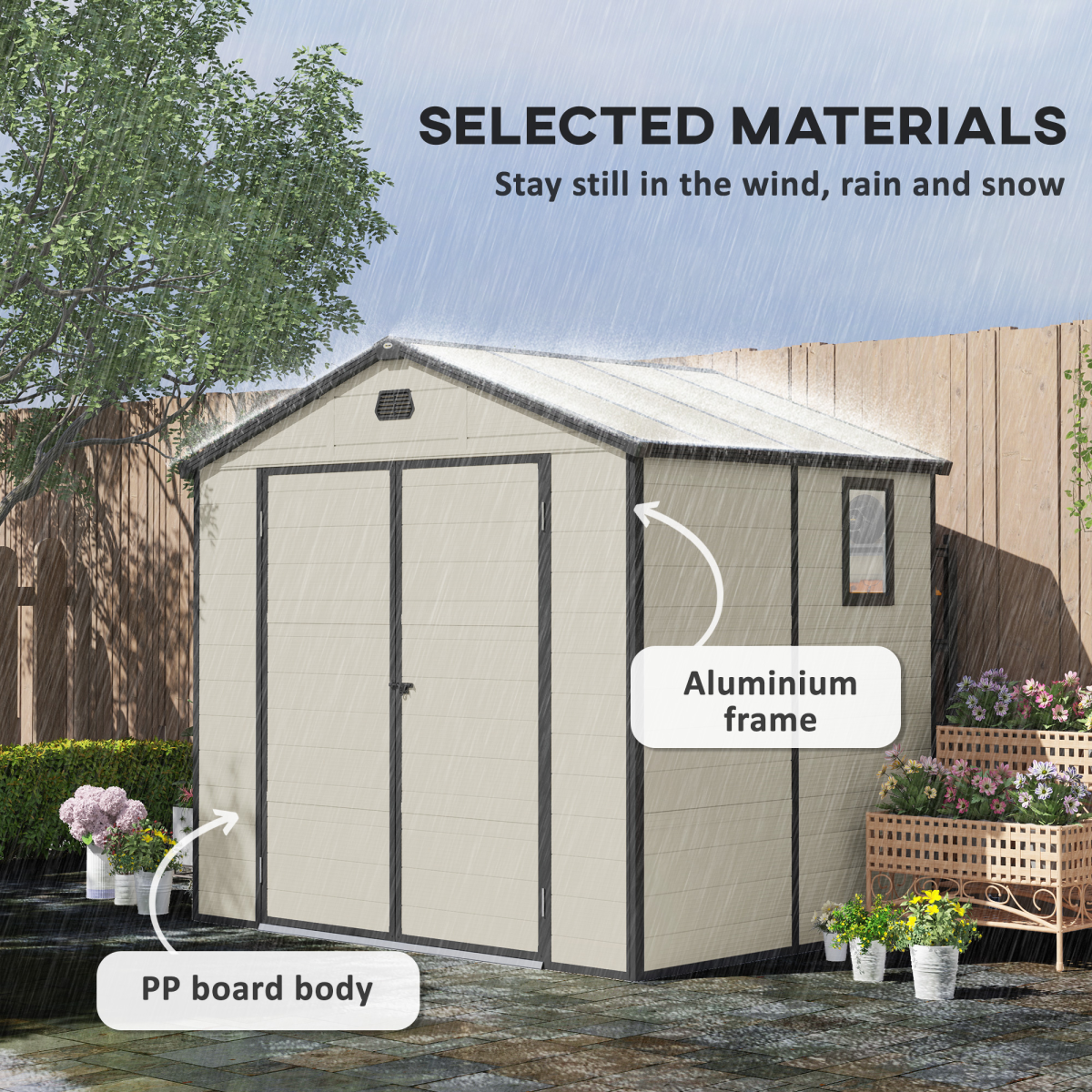 Outsunny 8 x 6ft Garden Shed with Foundation Kit, Vents and Lockable Door – Aluminium Frame, Cream White