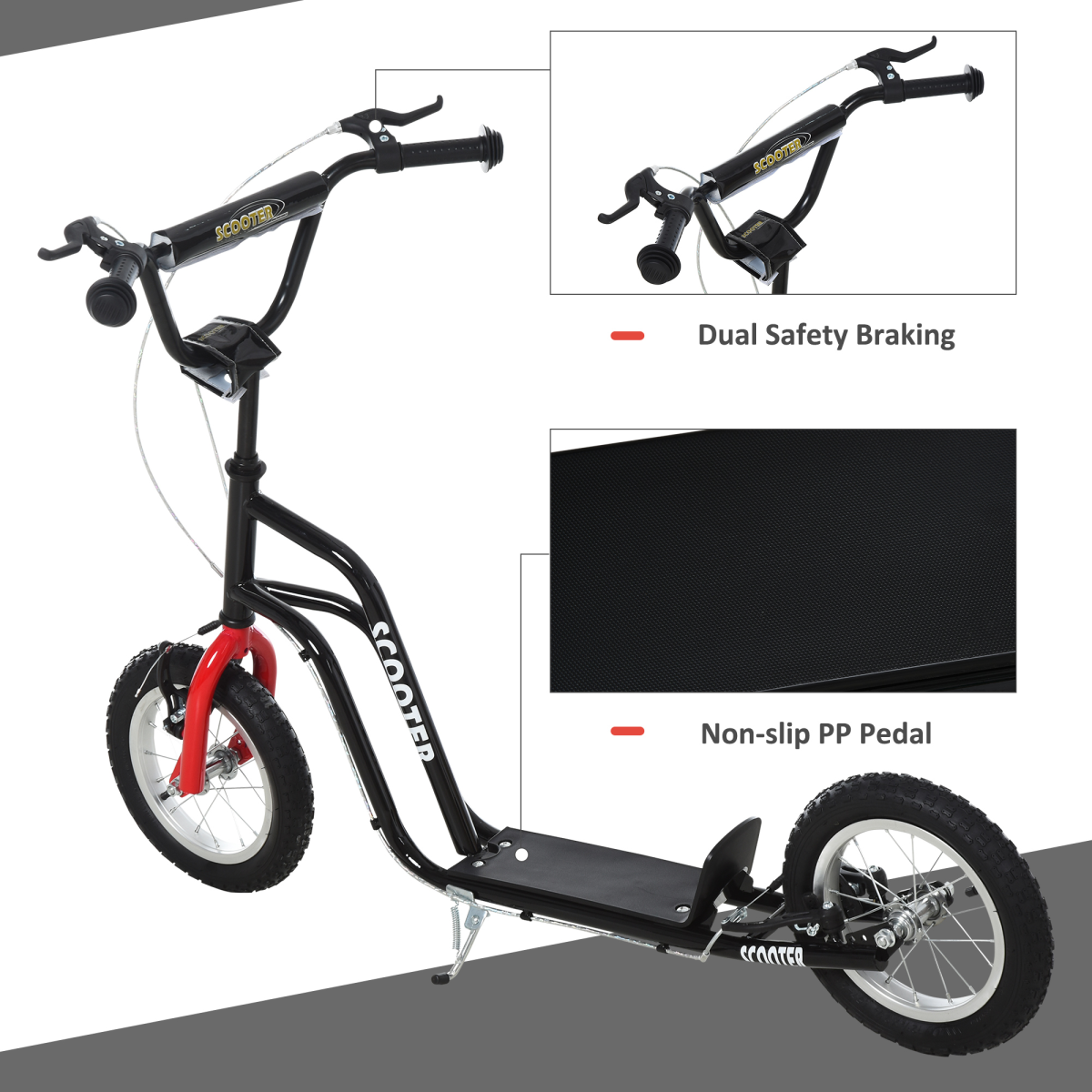 HOMCOM Kids Kick Scooter with Inflatable Wheels & Rear Brake – Adjustable 75–80cm Handlebar, Black