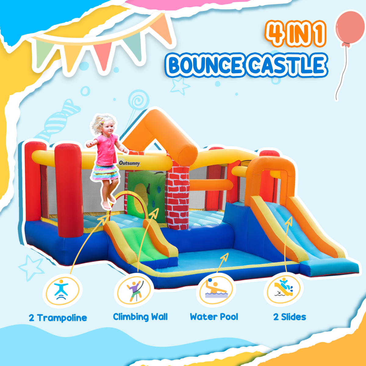 Kids Bouncy Castle with Double Slides, Splash Pool & Two Trampolines – Garden Inflatable with 450W Blower