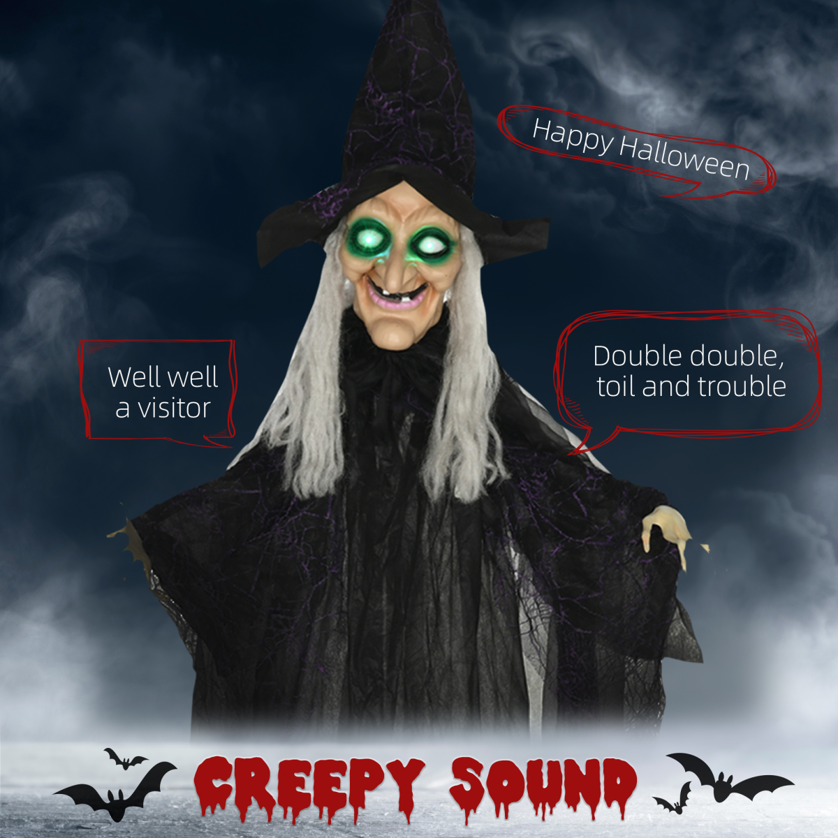 HOMCOM Life Size Witch Prop with Light-Up Eyes and Talking Sounds – Halloween Decoration, Black