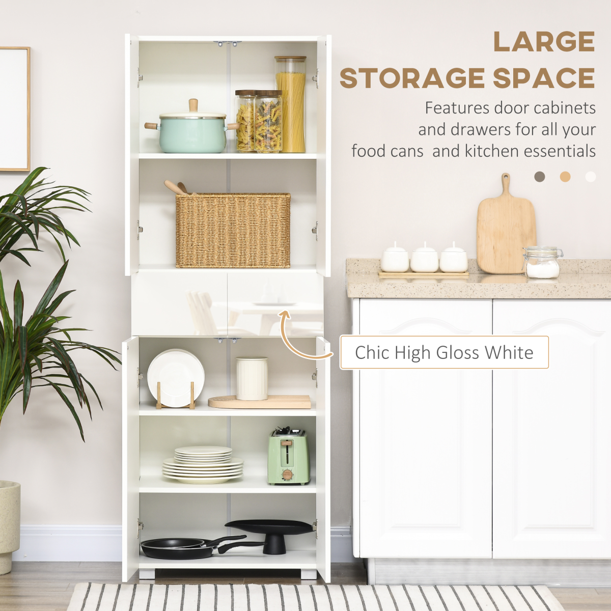 4-Door Freestanding Kitchen Cupboard with Adjustable Shelves & Drawers – Push-Open Pantry Storage, White