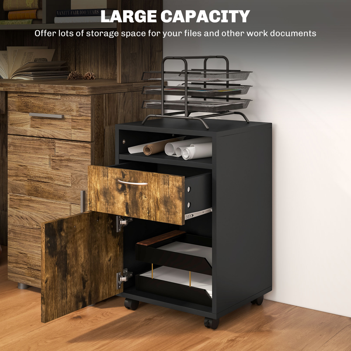 HOMCOM 60cm Mobile Storage Cabinet with Drawers, Open Shelf and Lockable Wheels – Home Office, Rustic Brown